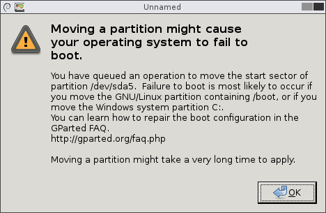 Warning window indicating that moving a partition might cause the operating system to fail to boot