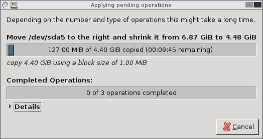 Applying pending operations window displaying progress bar growing from left to right